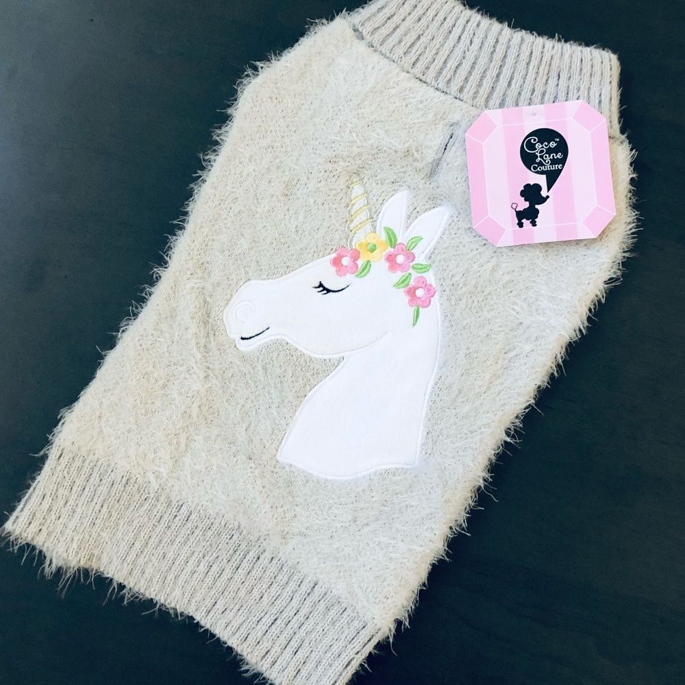Unicorn Embroidered Gray Fuzzy Dog Pet Sweater M